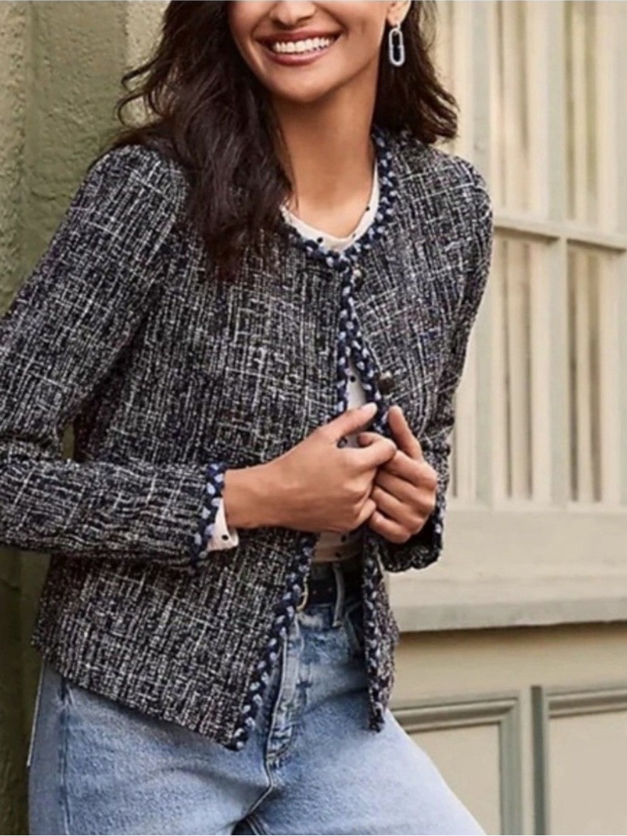 Nwt Loft Textured Black & White Tweed Lady Jacket With Blue Braided Trim